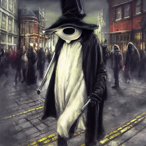 Prompt: plague doctor walking the streets of london by raymond swanland, highly detailed,