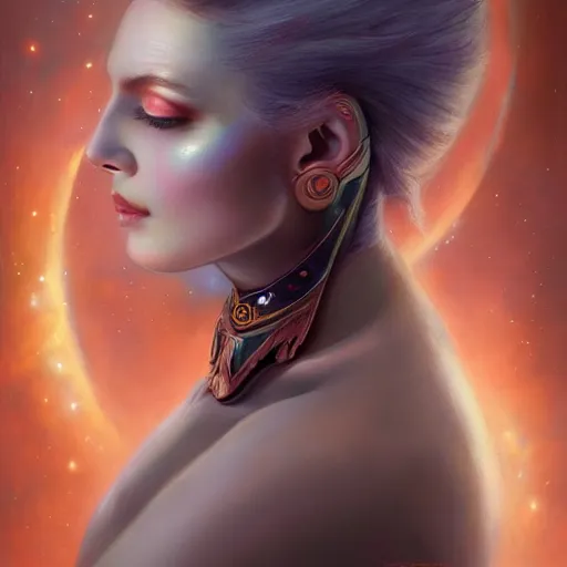 Image similar to a beautiful portrait of a cosmic goddess by Jim Burns and Tom Bagshaw, Trending on Artstation, nebula background