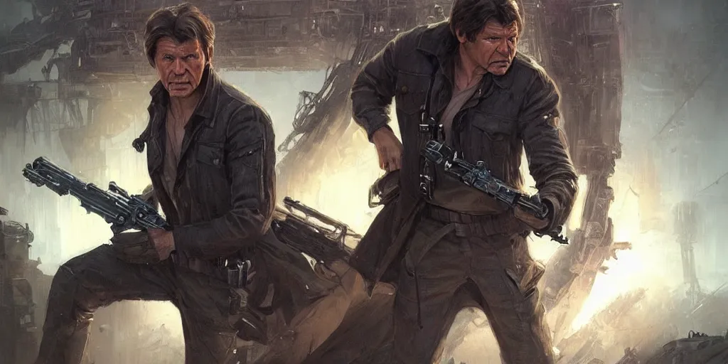 Prompt: a highly detailed epic cinematic concept art CG render digital painting artwork: one Soviet dieselpunk Han Solo played by Harrison Ford directed by David Fincher. By Greg Rutkowski, Ilya Kuvshinov, WLOP, Stanley Artgerm Lau, Ruan Jia and Fenghua Zhong, trending on ArtStation, subtle muted cinematic colors, made in Maya, Blender and Photoshop, octane render, excellent composition, cinematic atmosphere, dynamic dramatic cinematic lighting, precise correct anatomy, aesthetic, very inspirational, arthouse