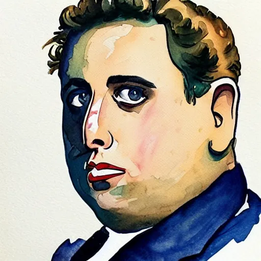 Image similar to jonah hill, stylized. Watercolor and ink. 1940s.