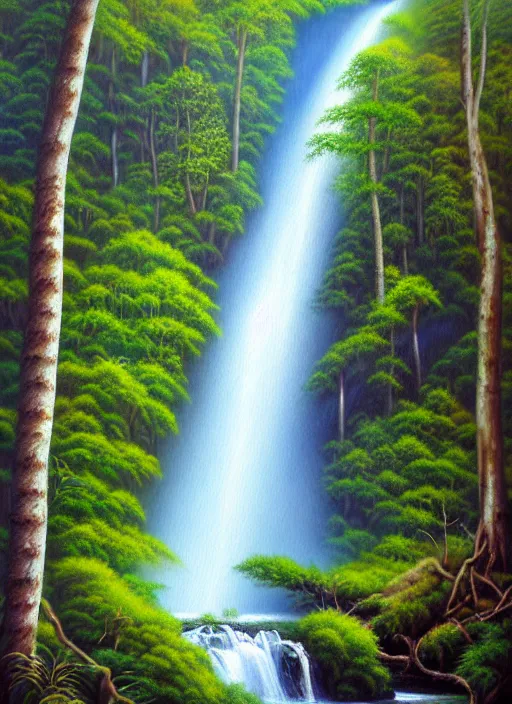Image similar to a painting of a waterfall in a forest, an airbrush painting by terry redlin, deviantart, metaphysical painting, airbrush art, detailed painting, oil on canvas