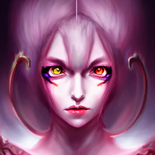 Image similar to portrait of demon queen, anime, digital painting, devian art, trending on artstation, facial touch up, hd, 4 k