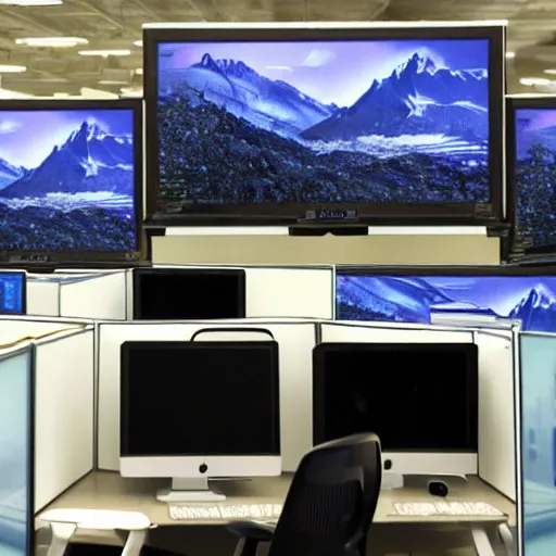 Prompt: a mountain made out of computer screens in a crowded office with cubicles, the computer screens have bitcoin logos, unreal engine 5, harsh contrast lighting