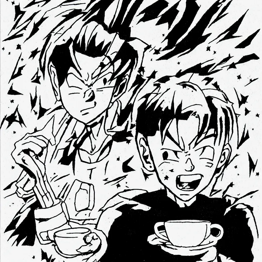 Image similar to manga portrait of a man drinking coffee akira toriyama, lineart, black and white, scifi, big clouds visible in the background, stars in the sky, high contrast, deep black tones