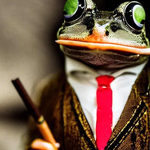 Image similar to a high detail closeup shot of a frog wearing a suit 👔,and smoking a cigarrette🚬