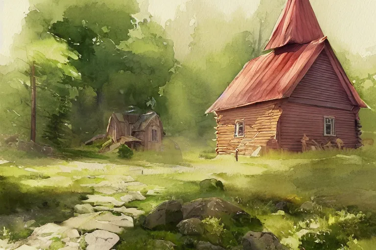 Image similar to small centered on watercolor paper, paint brush strokes, abstract watercolor painting of traditional scandinavian wooden church, viking house, translucent leaves, cinematic light, national romanticism by hans dahl, by jesper ejsing, by anders zorn, by greg rutkowski, by greg manchess, by tyler edlin