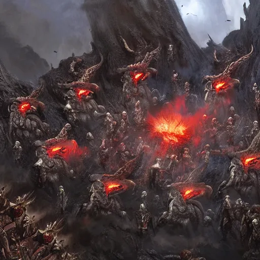 Image similar to an army of demons flying out of a volcano with flag bearers and trumpeters, intricate detail, royo, vallejo, frazetta, giger, klimt, miro, whealan, hd, unreal engine,