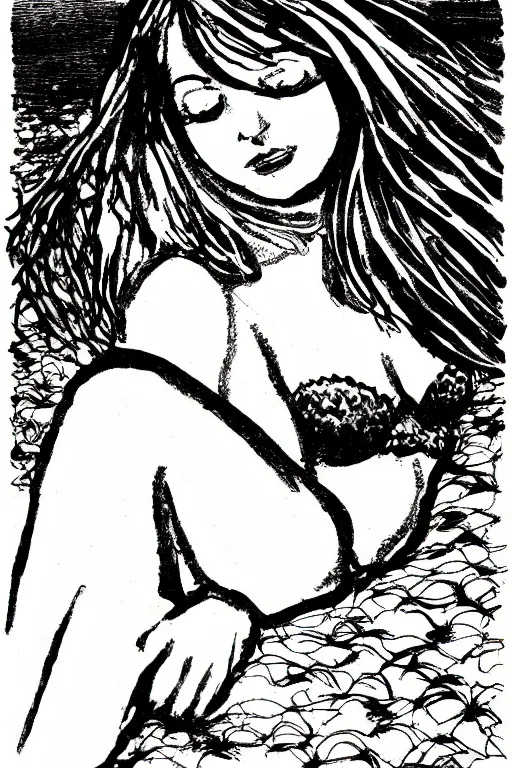 Prompt: ink lineart drawing of beautiful woman by the beach, white background, etchings by goya, chinese brush pen illustration, high contrast, deep black tones, contour