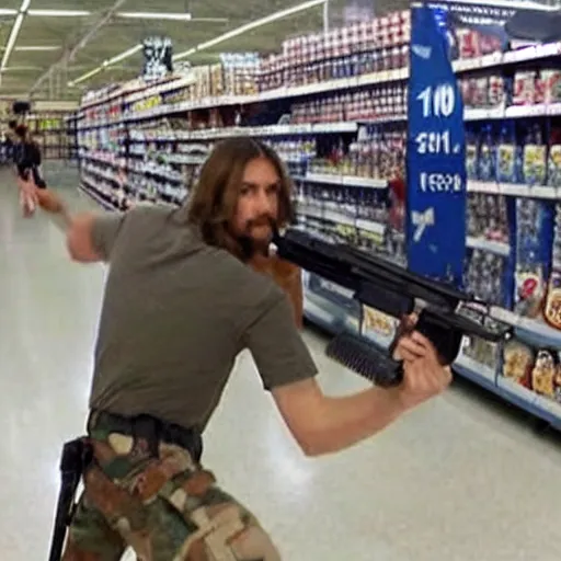 Prompt: Jesus aiming with an Ak-47 in a Walmart