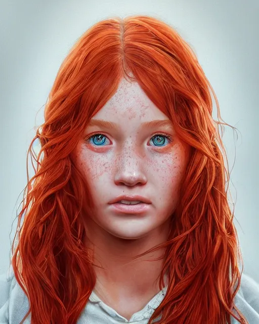 Image similar to portrait of 1 4 - year - old girl with flaming red hair, a lot of freckles, and bright brown eyes, wearing shirt, hyper realistic face, beautiful eyes, character art, art by mark brooks, hyperdetailed, cryengine, trending on artstation, digital art