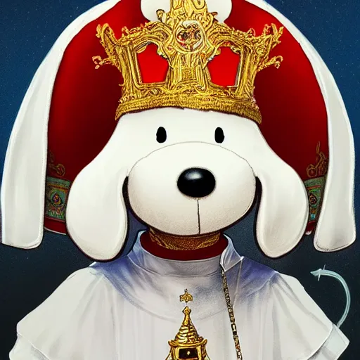 Prompt: A picture of Snoopy dressed as the Pope, 4k, concept art, digital painting, detailed, artstation, art by Artgerm and Greg Rutkowski and Alphonse Mucha