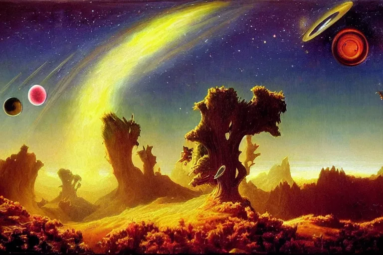 Image similar to protozoic cosmic reversal big bang landscape in the style of dr. seuss, 2 0 0 1 a space odyssey, painting by albert bierstadt