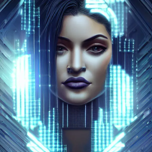 Prompt: portrait of a cyberpunk art deco kylie jenner with a grid of light falling on her face, sci-fi, intricate lighting, elegant noir, highly detailed, digital painting, studio portrait, artstation, smooth, sharp focus, illustration, art by artgerm and greg rutkowski and Charlie Bowater