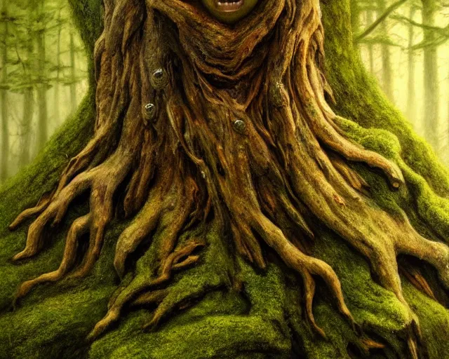 Image similar to a talking oak tree, a face in the bark, nose made of wood, eyes in the bark, mouth in the bark, fantasy concept art, leaves and moss, digital painting, oil painting, hyperrealistic, treebeard, ent, highly detailed, golden sunlight, very detailed eyes, artstation, cgsociety, in the forest, by alan lee, by artgerm