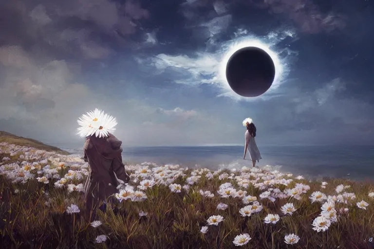 Image similar to giant white daisy flower on head, girl standing on cliff, surreal photography, solar eclipse, milky way, dramatic light, impressionist painting, clouds, digital painting, artstation, james gilleard, liam wong, jeremy mann, simon stalenhag