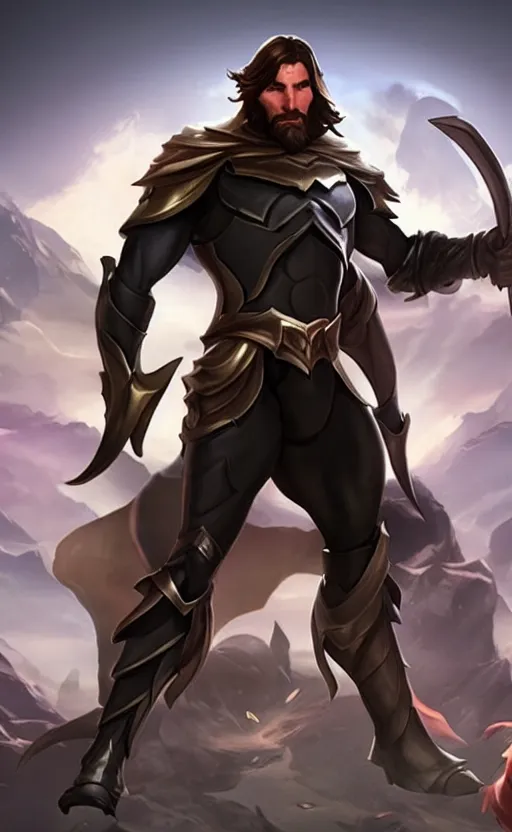 Image similar to Christian Bale as a character in the game League of Legends, with a background based on the game League of Legends, detailed face, old 3d graphics