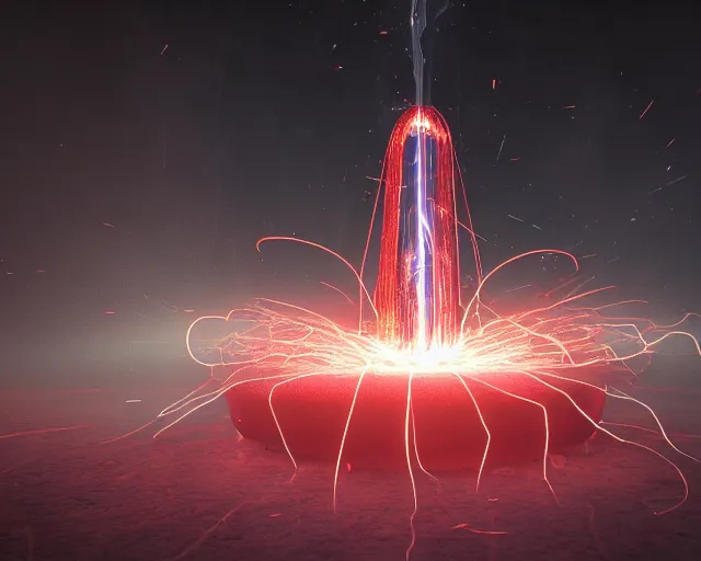 Prompt: tesla coil erupts with electric, epic, by, by, by, intricate, octane render, matte, highly detailed, amazing lighting, smooth, sharp, 8 k