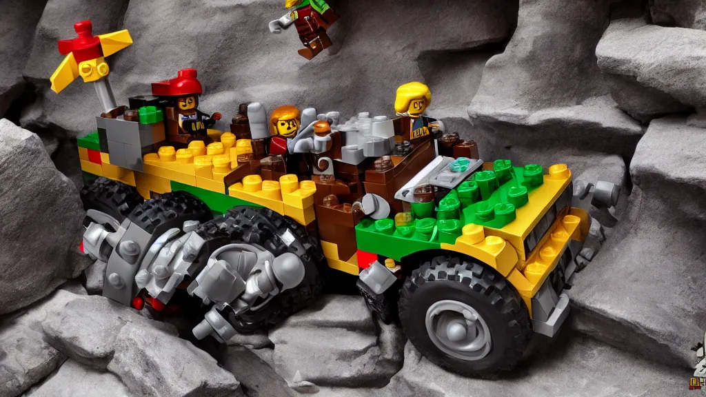 Image similar to lego rock raiders vehicle in a cave adventurous, 2000s, old school game highly detailed textures