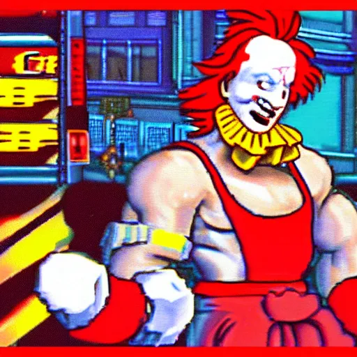 Image similar to screenshot of ronald mcdonald, white face, red afro, red nose and yellow outfit as an enemy in streets of rage video game, sega genesis video game, upscaled to high resolution