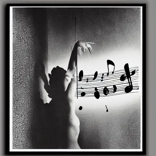 Image similar to on the wall with magic sheet music, salvador dali, black and white