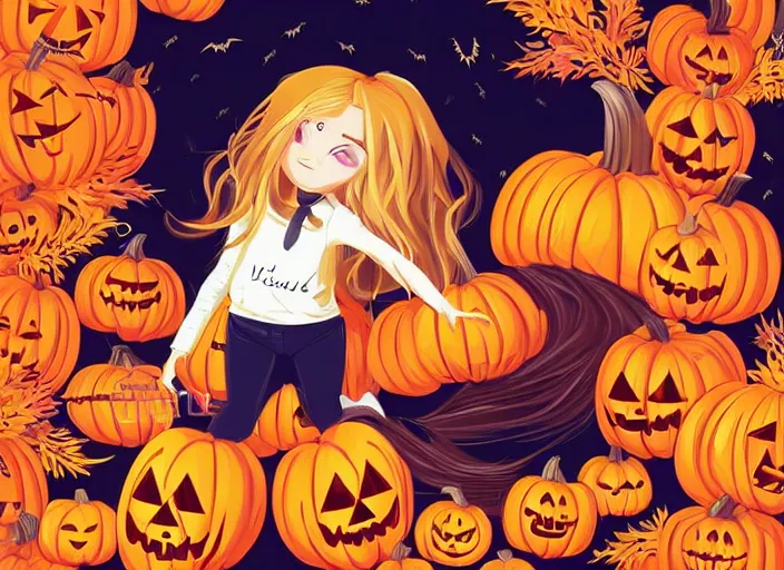 Prompt: little girl with long golden blonde hair sitting on a pile of halloween pumpkins and skulls. clean cel shaded vector art. shutterstock. behance hd by lois van baarle, artgerm, helen huang, by makoto shinkai and ilya kuvshinov, rossdraws, illustration, art by ilya kuvshinov