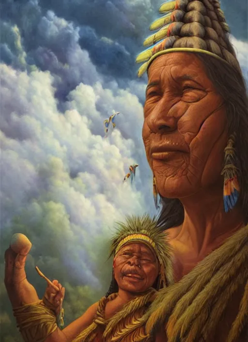 Image similar to faces of an indigenous amazonian grandfather and grandmother spirits in the clouds, smiling, protection, benevolence, ancestors, detailed faces, art by christophe vacher