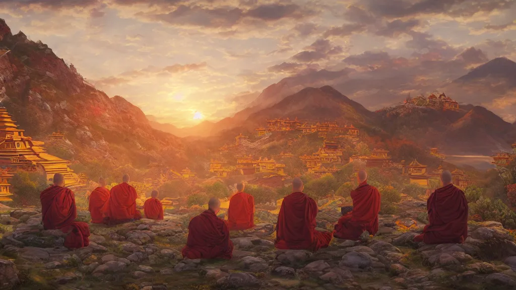 Image similar to a Tibetan monk monastery with monks meditating as a group with a sunset in the distance, some statues at the side, highly detailed oil painting, epic fantasy art, abstraction, masterpeice, 8k