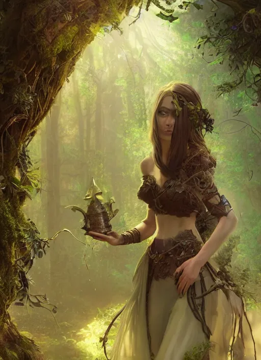 Prompt: Beautiful art portrait of a female fantasy sorceress in a dark mystical fantasy temple surrounded by lush spring time forest, atmospheric lighting, intricate detail, cgsociety, hyperrealistic, octane render, RPG portrait, ambient light, dynamic lighting