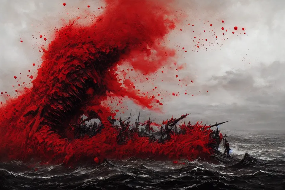 Prompt: the sea of blood and chaos demon, jakub rozalski.