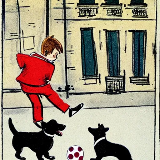 Image similar to book illustration of a french boy on the streets of paris playing football against a corgi, the dog is wearing a polka dot scarf, 1 9 6 6