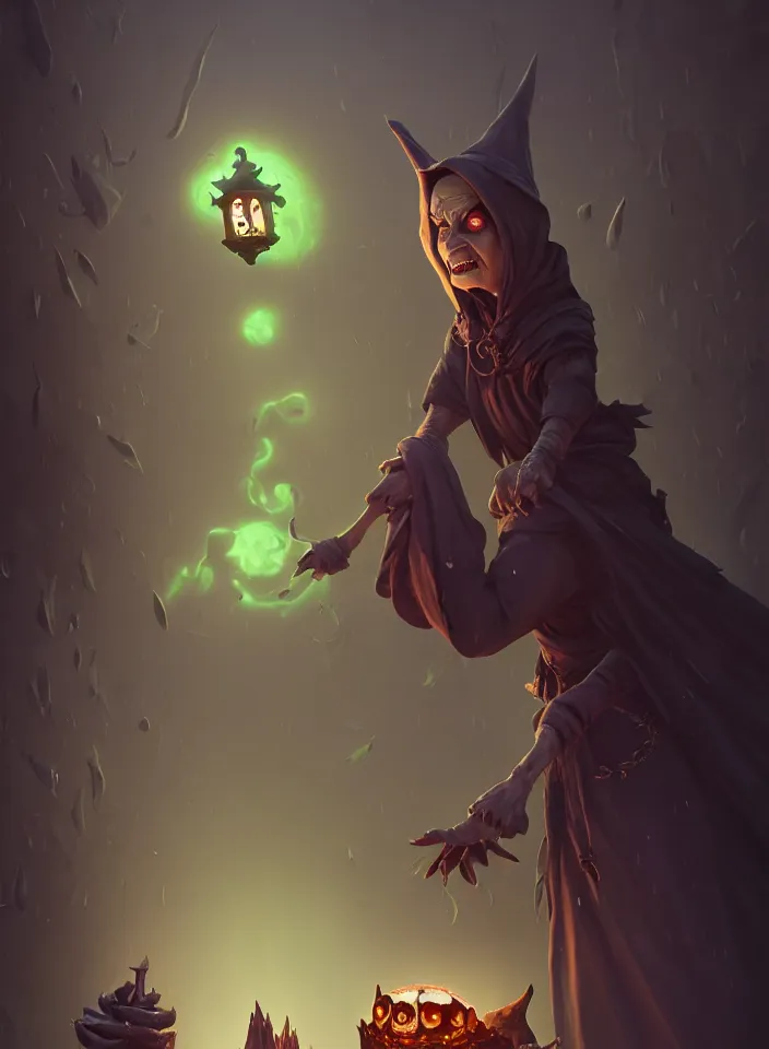 Image similar to terrible mad witch, the ghost of an old woman, cinematic view, by dom qwek, fish eye view, trending on polycount, artstation, 3 d hammer modeling, hd, vray, 8 k, sharp high quality artwork in style of greg rutkowski, concept art, blizzard warcraft artwork, hearthstone card artwork