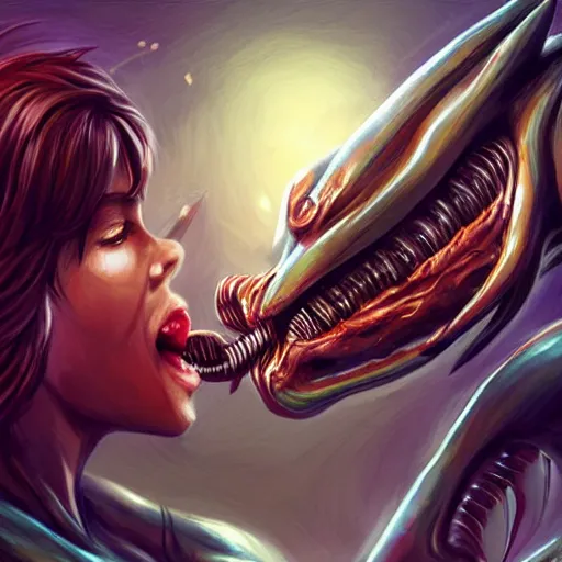 Image similar to sona movsesian being licked menacingly by an xenomorph, highly detailed, photorealistic, slime, saliva, artstation, smooth