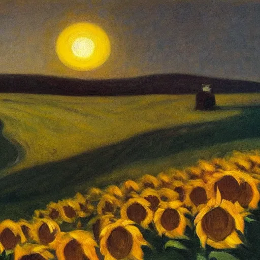 Image similar to an oil painting of a sunflower field is on fire in midnight by edward hopper
