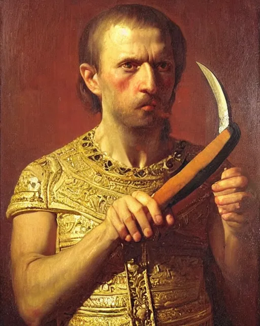 Prompt: realist portrait of a nobleman with a dagger by andrey shishkin, oil on canvas