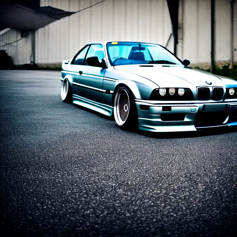 Image similar to close-up-photo BMW E36 illegal JDM meet, Saitama prefecture, misty night, cinematic color, photorealistic, high detailed wheels, highly detailed