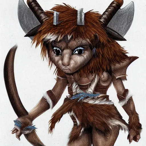 Image similar to cute fantasy drawing of a brown fur female Minotaur warrior with white spots, concept art