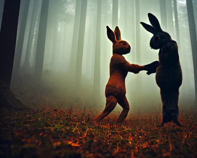 Prompt: a lomography photo of rumble between two humanoid with rabbit head in foggy forest this morning, bokeh,