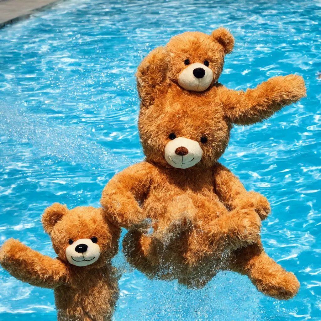 Prompt: teddy bear playing in the pool