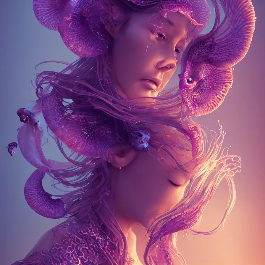 Image similar to goddess close-up portrait. orchid jellyfish phoenix head, nautilus, skull, betta fish, bioluminiscent creatures, intricate artwork by Tooth Wu and wlop and beeple. octane render, trending on artstation, greg rutkowski very coherent symmetrical artwork. cinematic, hyper realism, high detail, octane render, 8k