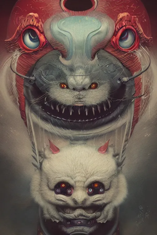 Image similar to a portrait of a robotic japanese devil animal illustrated by miyazaki by karol bak, james jean, tom bagshaw, rococo, sharp focus, trending on artstation, cinematic lighting, hyper realism, octane render, 8 k, hyper detailed, vivid, ultra detailed, highly detailed