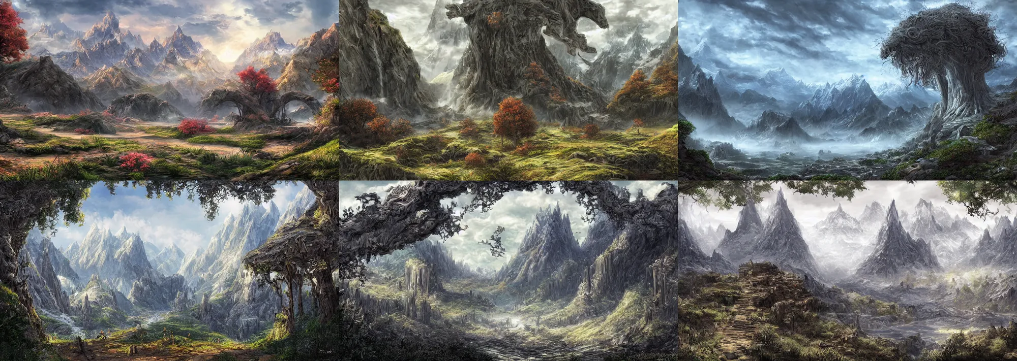 Prompt: A beautiful fantasy landscape with mountains and trees everywhere, hyper-detailed digital art by kentaro miura