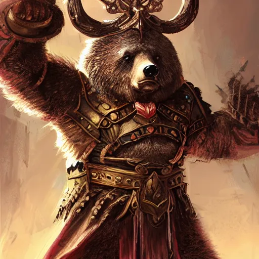 Prompt: Bear, Anthropomorphized, as scarred warlord general on throne, magic the gathering artwork, D&D, fantasy, cinematic lighting, centered, symmetrical, highly detailed, digital painting, artstation, concept art, smooth, sharp focus, illustration, volumetric lighting, epic Composition, 8k, art by Akihiko Yoshida and Greg Rutkowski and Craig Mullins, heroic pose, oil painting, cgsociety, Battlefield background, explosions, arrows