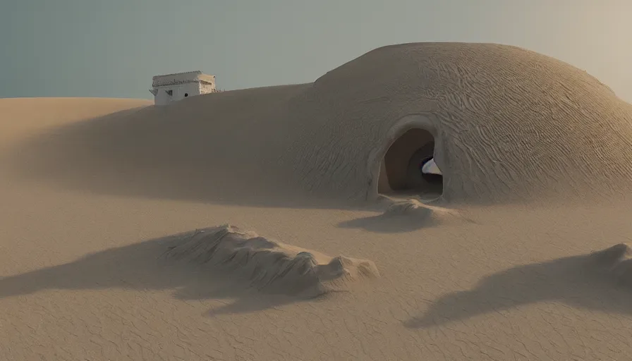 Image similar to white house buried under sand dunes, heat wave, hyperdetailed, artstation, cgsociety, 8 k