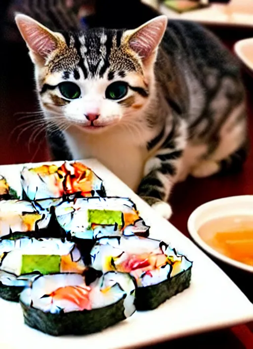 Image similar to clear photorealistic picture of adorable cats eating sushi