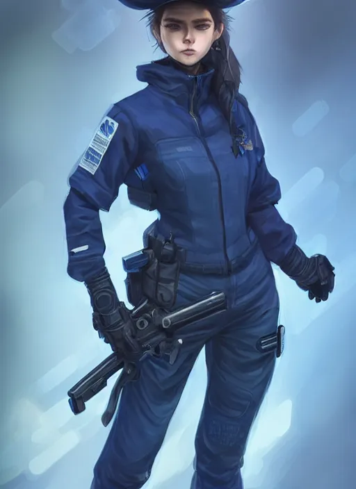 Prompt: full body portrait of a blue techwear uniform witch with guns. detailed face, concept art, digital art, intricate, highly detailed 8 k, smooth, sharp focus, beautiful and aesthetic shape of face and body, artgerm, artstation, art by zexi guo and nira and kafun and gharliera and rinotuna