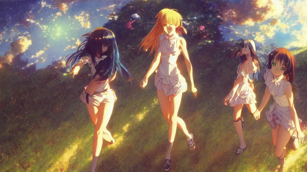 Image similar to a film still of a 1 9 9 0's anime girls going out from ufo, hdr, full body mid shot, perfect art, trending on pixiv fanbox, painted by gaston bussiere, makoto shinkai, akihiko yoshida, craig mullins