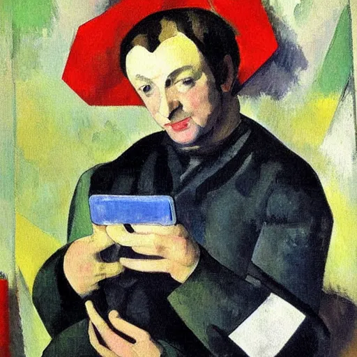 Image similar to A painting of a man holding a phone, collage, painting by Sonia Delaunay, by Paul Cézanne dull