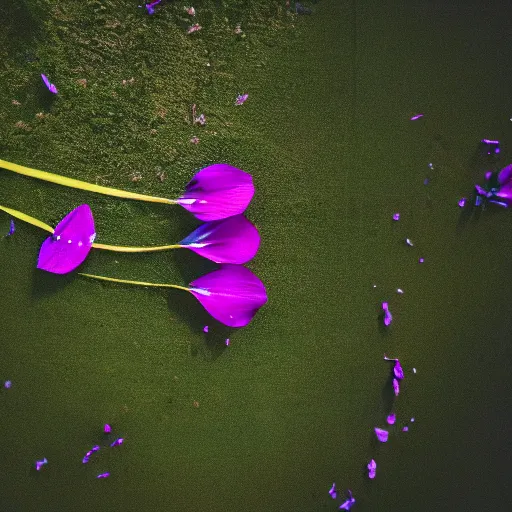 Image similar to closeup photo of purple flower petal flying above a summer city, aerial view, shallow depth of field, cinematic, 8 0 mm, f 1. 8