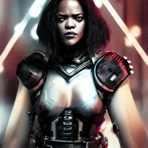 Image similar to tessa thompson full body portrait, dystopia core, gothic armor, warrior, dramatic, sharp focus, cyberpunk, neon, fantasy, hyper detailed, digital art, trending in artstation, cinematic lighting, studio quality, smooth render, unreal engine 5 rendered, octane rendered, art style and nixeu and wlop and krenz cushart