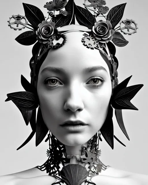 Image similar to monochrome 3 d model, floral steampunk biomechanical beautiful young female cyborg with porcelain profile face and a techno eye, volumetric light, leaves foliage and stems, hibiscus flowers, boho floral vines, sinuous fine roots, fine foliage lace, alexander mcqueen, rim light, gothic fashion pearl embroidered collar, octane render, bw, 8 k